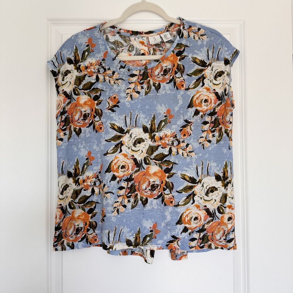 Joie 100% Linen Floral Blouse XL Blue Orange Button Back Summer Top